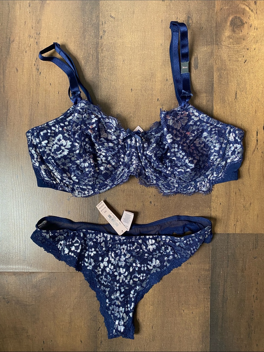 Victoria's Secret Navy & Silver Metallic Floral Lace Underwire Bra & Thong Set